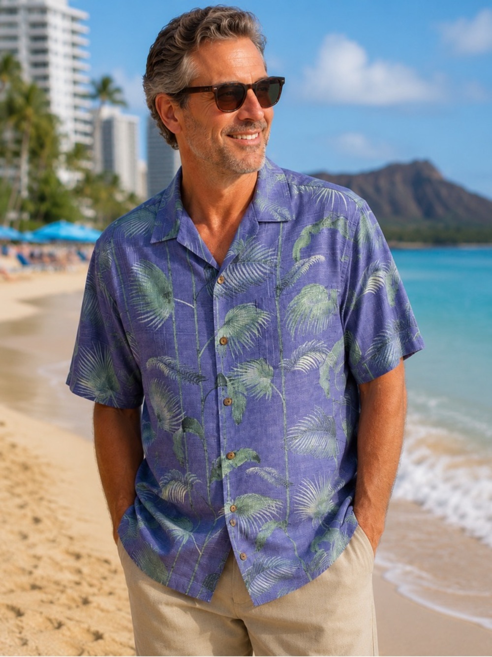 Tommy Bahama 100% Silk Hawaiian Shirt Mens L Blue Palm Resort Camp Aloha - Picture 1 of 16